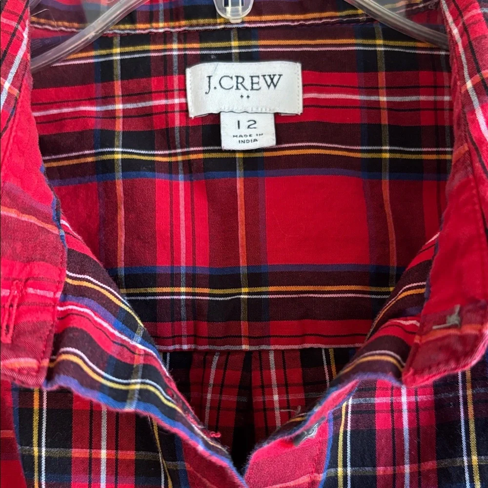 J. Crew Red Plaid Long Sleeve Tie Waist Shirt Dress 12 - Picture 6 of 8